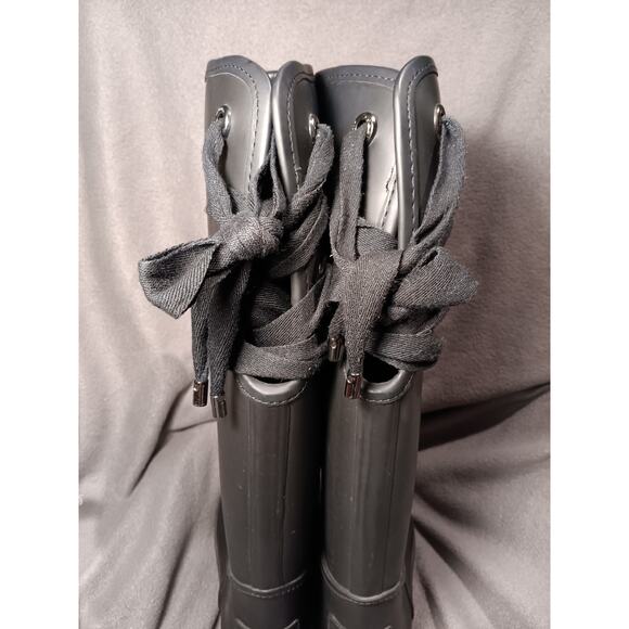 Coach Tristee Matte Black Rubber Mid‑Calf Rain Boots Laced Back Detail US 9B - Picture 2 of 8
